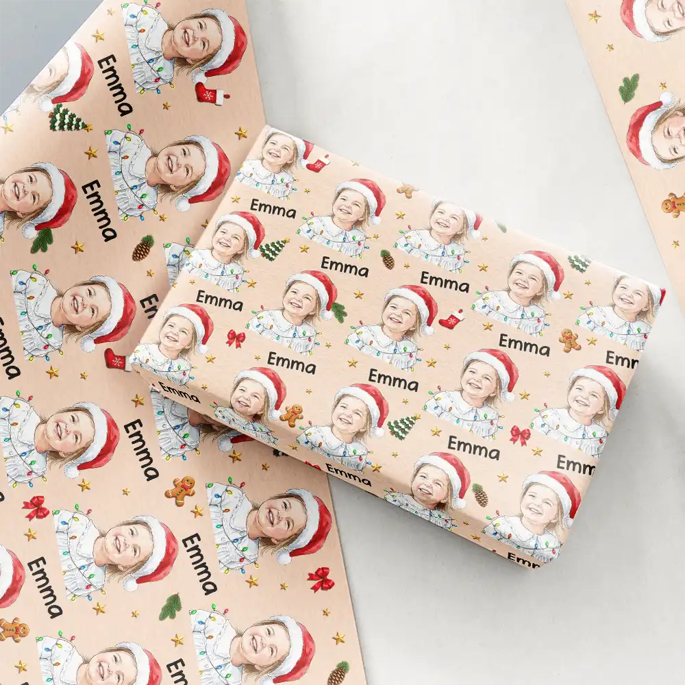 Art Design, Christmas, Custom Photo, Family, Happy, Photo - Portrait With Santa Hat & Christmas Lights - Christmas Gift Wrap For Family - Personalized Custom Photo Watercolor Portrait Wrapping Paper