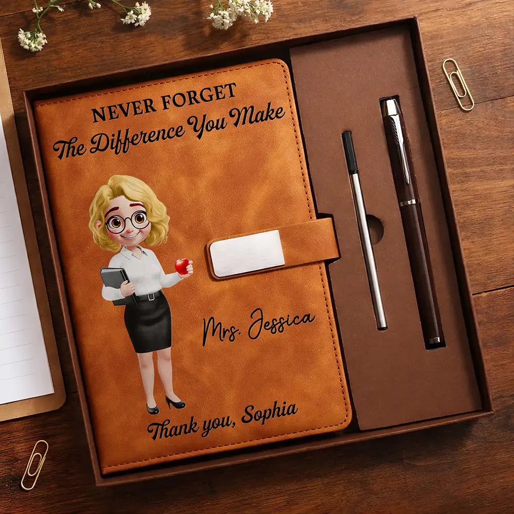 Back To School,Teacher,Grateful,Vector - Teacher Never Forget The Difference You Make - Personalized Leather Notebook Set