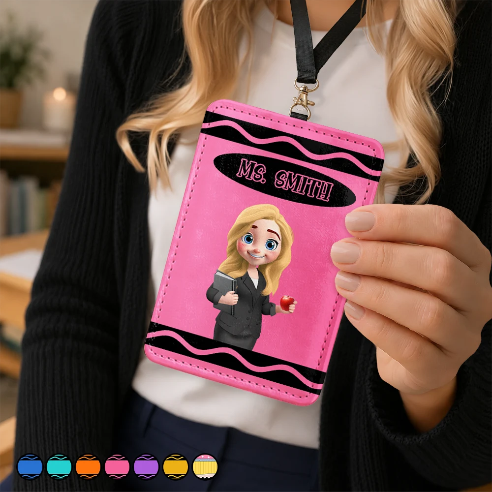 Teacher,Confident,Back To School,Vector - Teacher With Colorful Crayon - Personalized Badge Holder