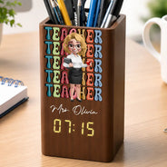 Grateful, Teacher, Back To School, Vector - Teaching Is A Heartfelt - Personalized Pen Holder With Clock