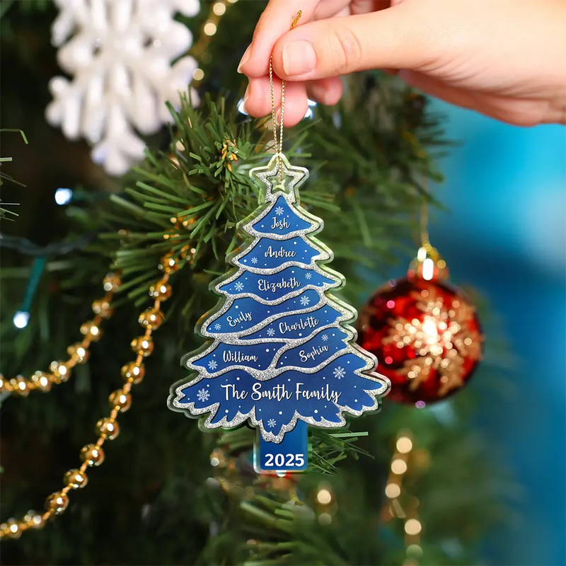 Family, Gift For Bestie, Christmas, Happy - Text Pattern Christmas Tree Family Bestie Custom Names Pottery Glitter Effect - Personalized Custom Shaped Acrylic Ornament