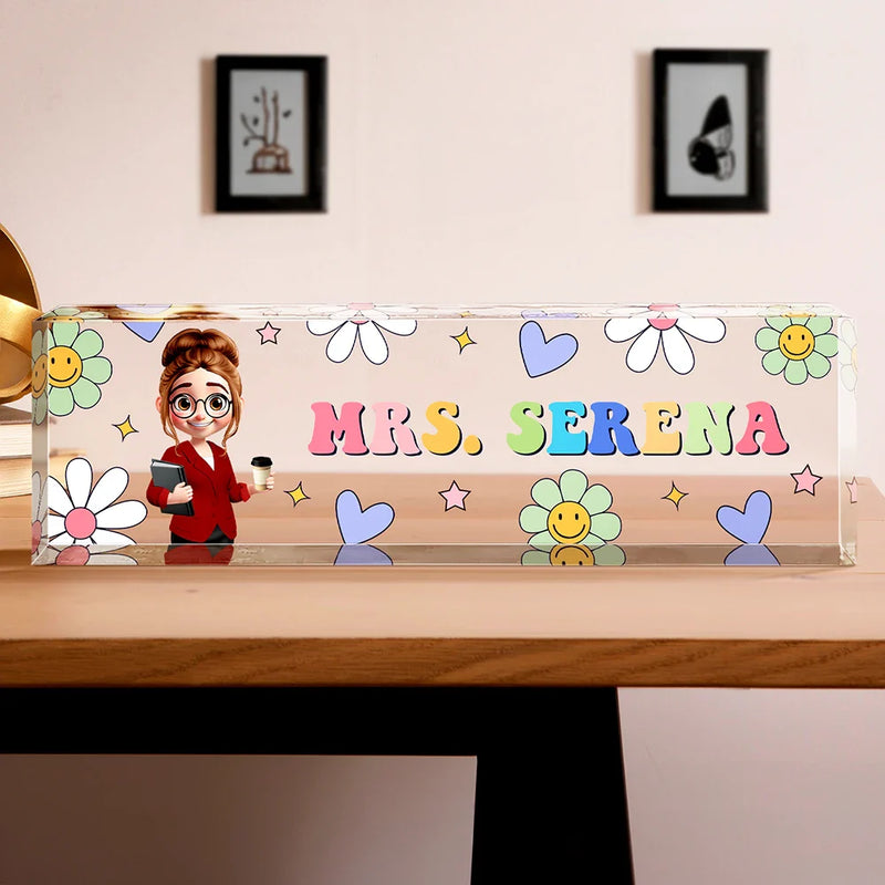 Teacher,Gift For Women,Happy,Back To School - Text Pattern Groovy Retro Teacher Name - Personalized Desk Name Plate