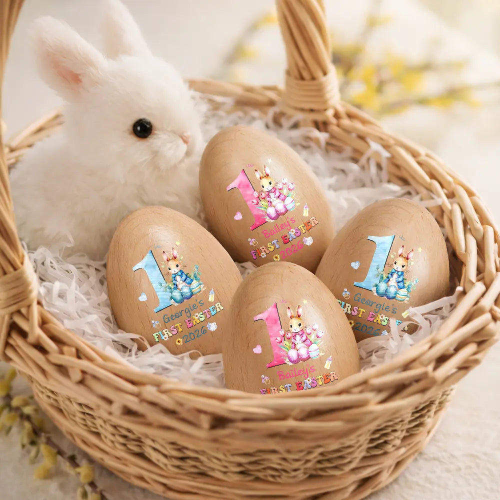 Easter,New baby,Dad,Sons,Gift For Son,Mom,Gift For Daughter,,Daughters (Young),Gift For Kids,Gift For Grandkids,Happy - Text Pattern My First Easter - Personalized Musical Wooden Easter Egg Shaker