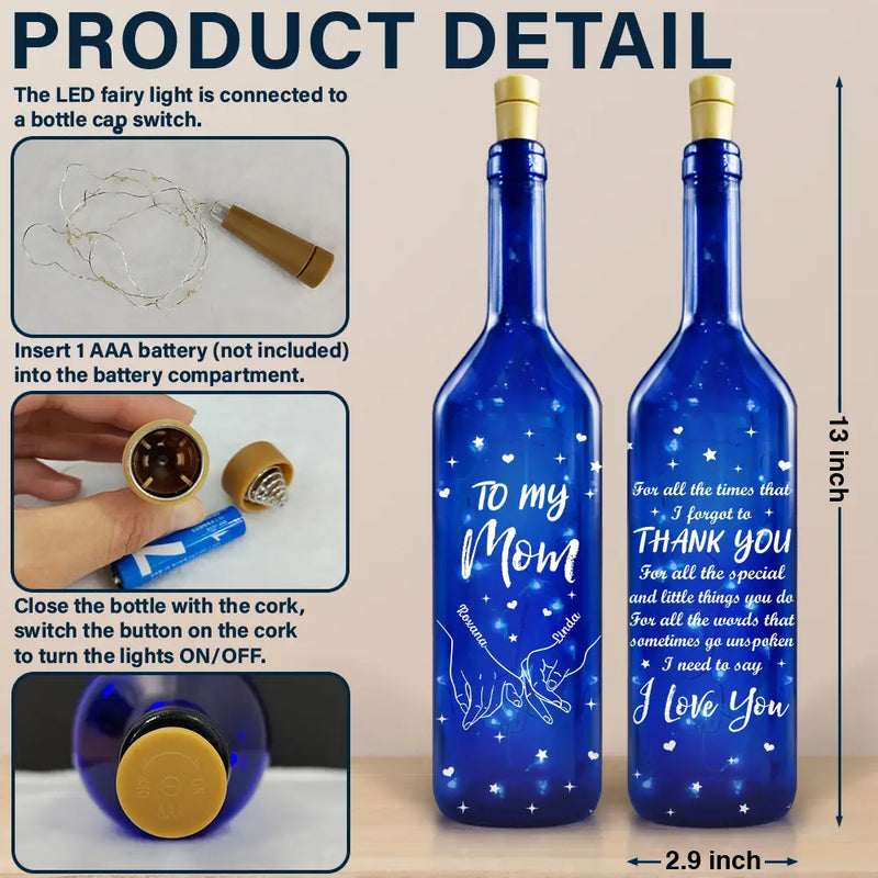 Mom - Daughters (Adult),Gift For Mother,Gift For Women,Love - Thank You Mom I Love You - Personalized Blue Bottle Light