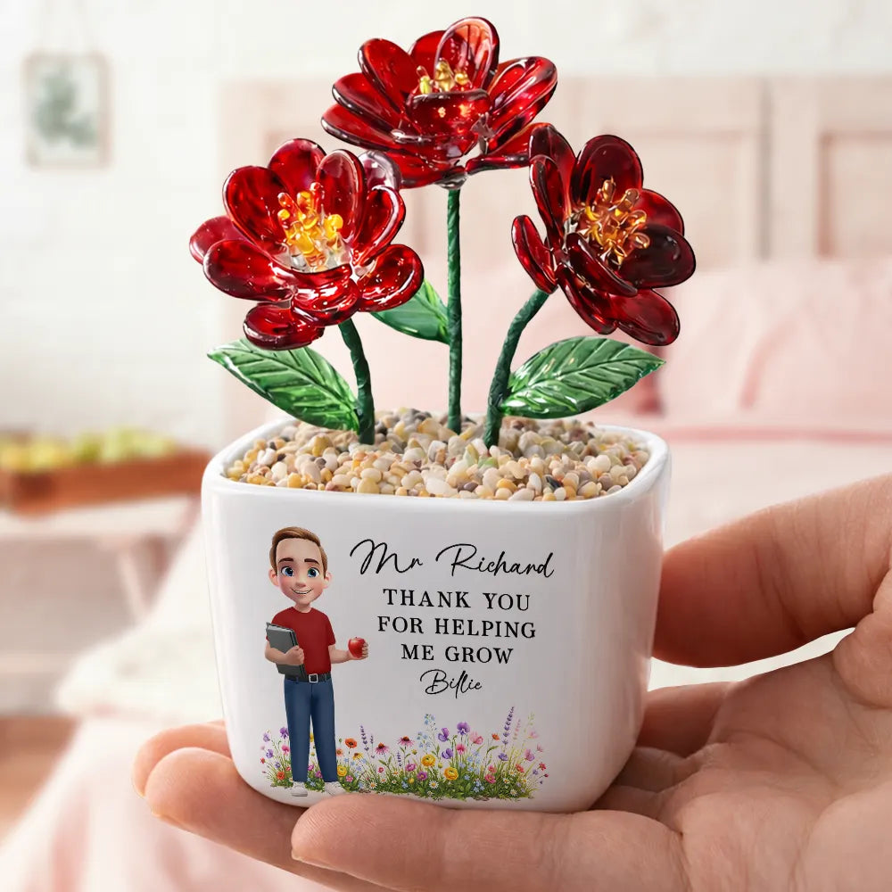 Back To School,Teacher,Grateful,Vector - Thank You Teacher For Helping Me Grow - Personalized Glass Flower Plant Pot