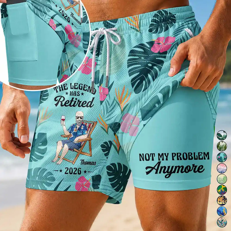 Humorous,Gift For Men,Beach,Gift For Yourself,Summer,Retirement,Vector,Custom Text - The Legend Has Retired - Personalized Swim Trunks With Liner