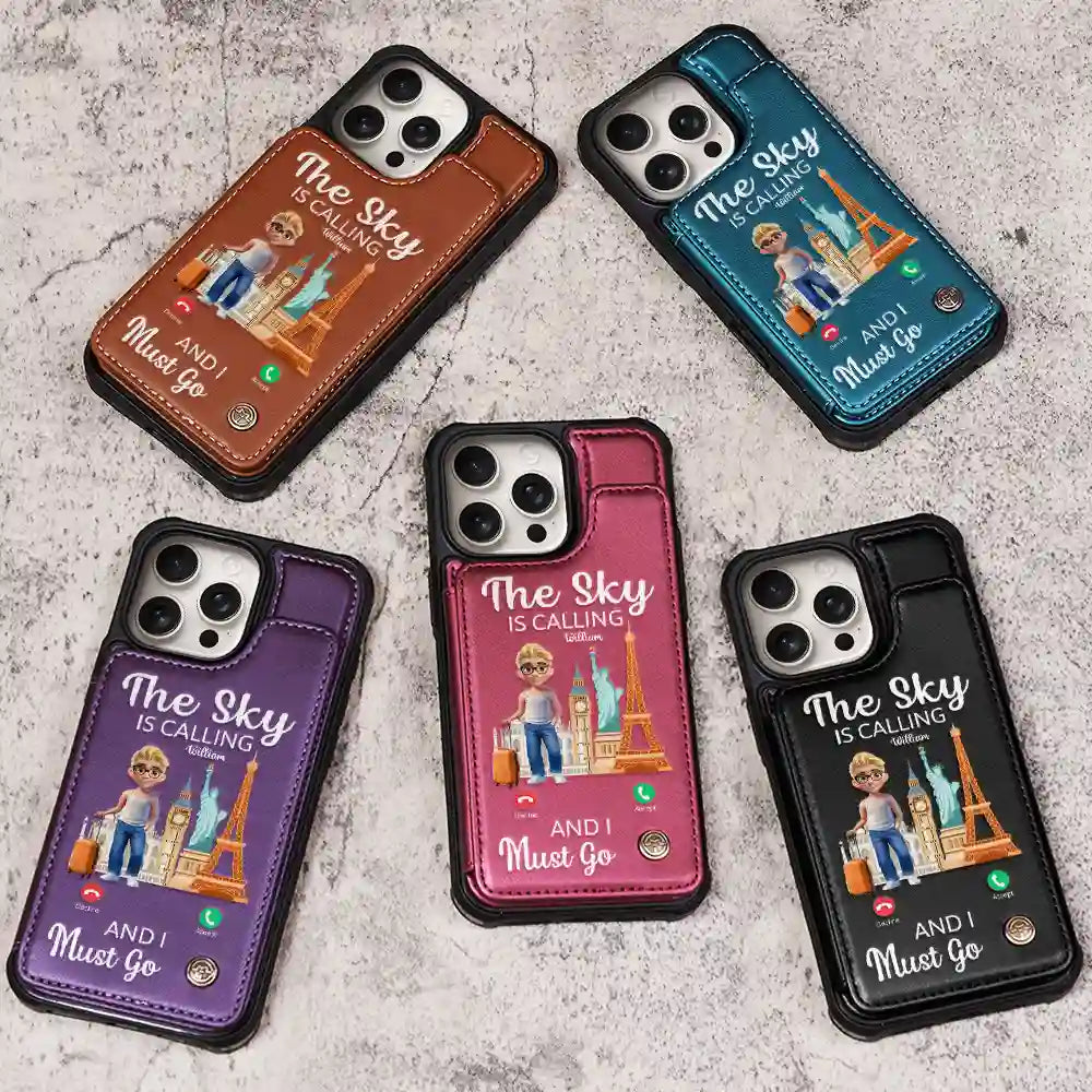 Travel, Gift For Yourself, Happy - The Sky Is Calling And I Must Go - Personalized Leather Flip Wallet Phone Case