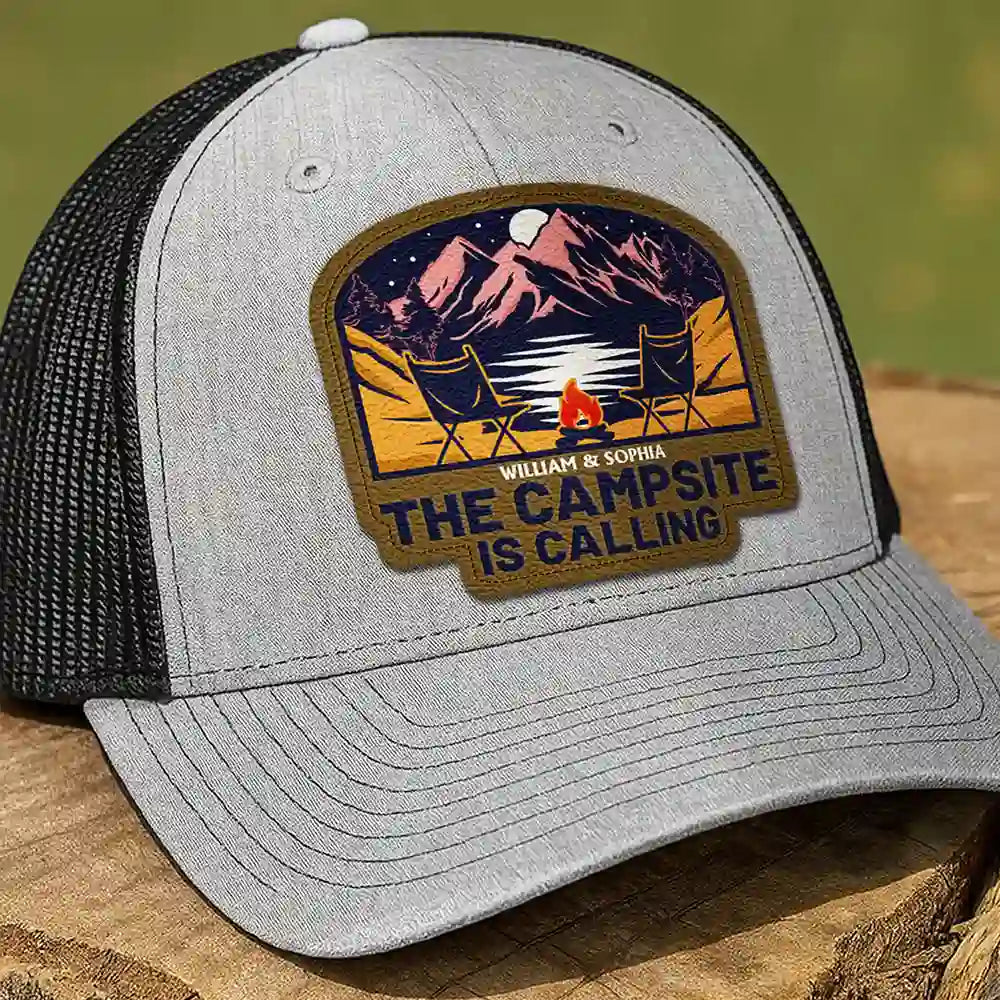 Camping,Gift For Men,Dad's Hobby,Gift For Husband,Gift For Boyfriend,Gift For Yourself,Campsite - The Campsite Is Calling - Personalized Leather Patch Hat