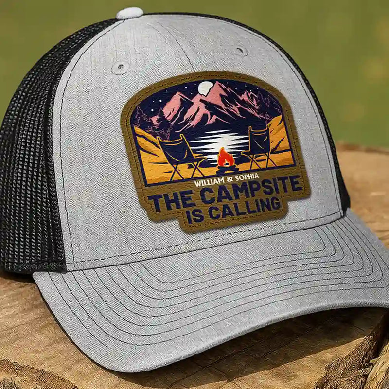 Camping,Gift For Men,Dad's Hobby,Gift For Husband,Gift For Boyfriend,Gift For Yourself,Campsite - The Campsite Is Calling - Personalized Leather Patch Hat