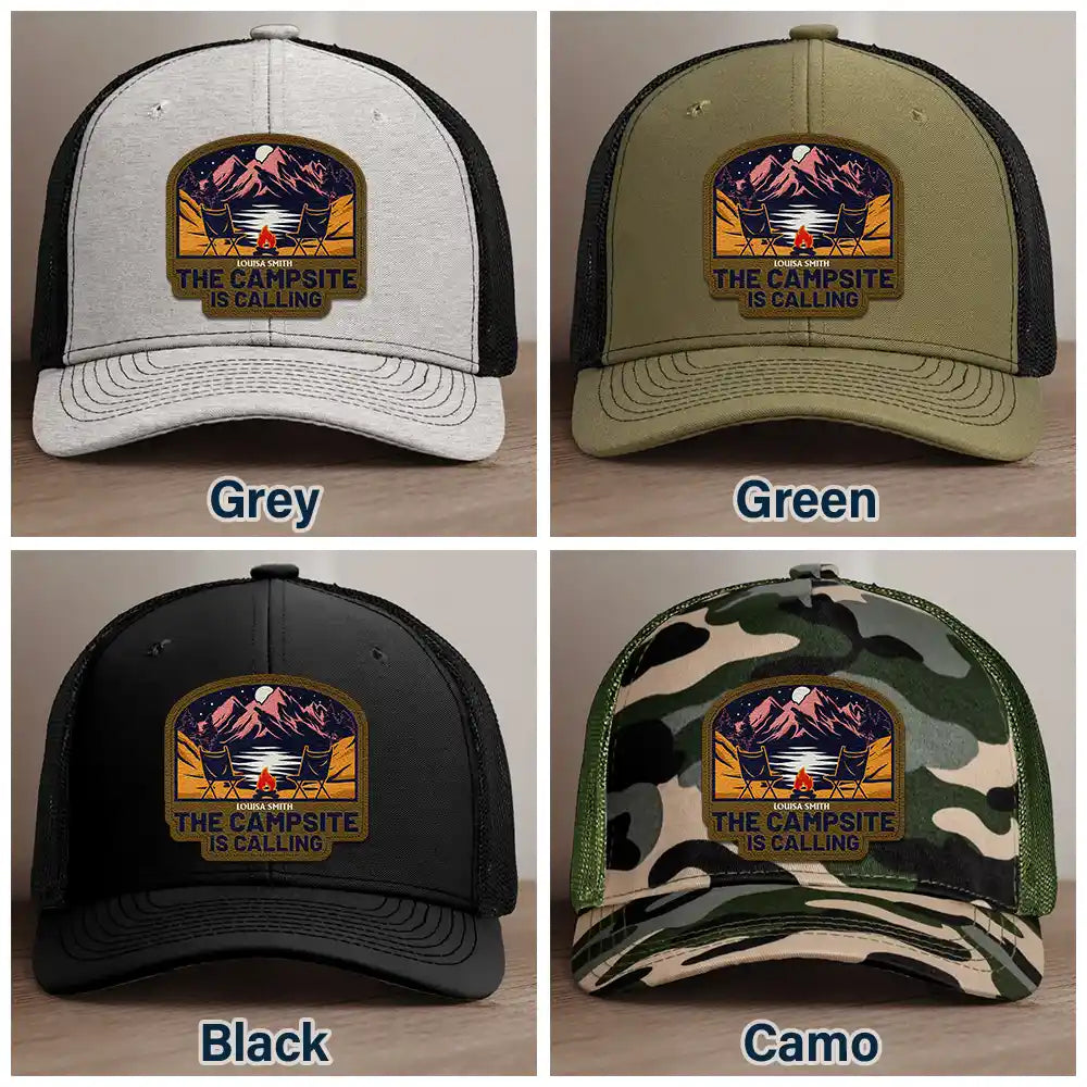 Camping,Gift For Men,Dad's Hobby,Gift For Husband,Gift For Boyfriend,Gift For Yourself,Campsite - The Campsite Is Calling - Personalized Leather Patch Hat