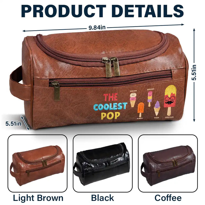 Gift For Grandpa, Gift For Father, Funny - The Coolest Pop Funny Cartoon Ice Cream - Personalized Leather Toiletry Bag