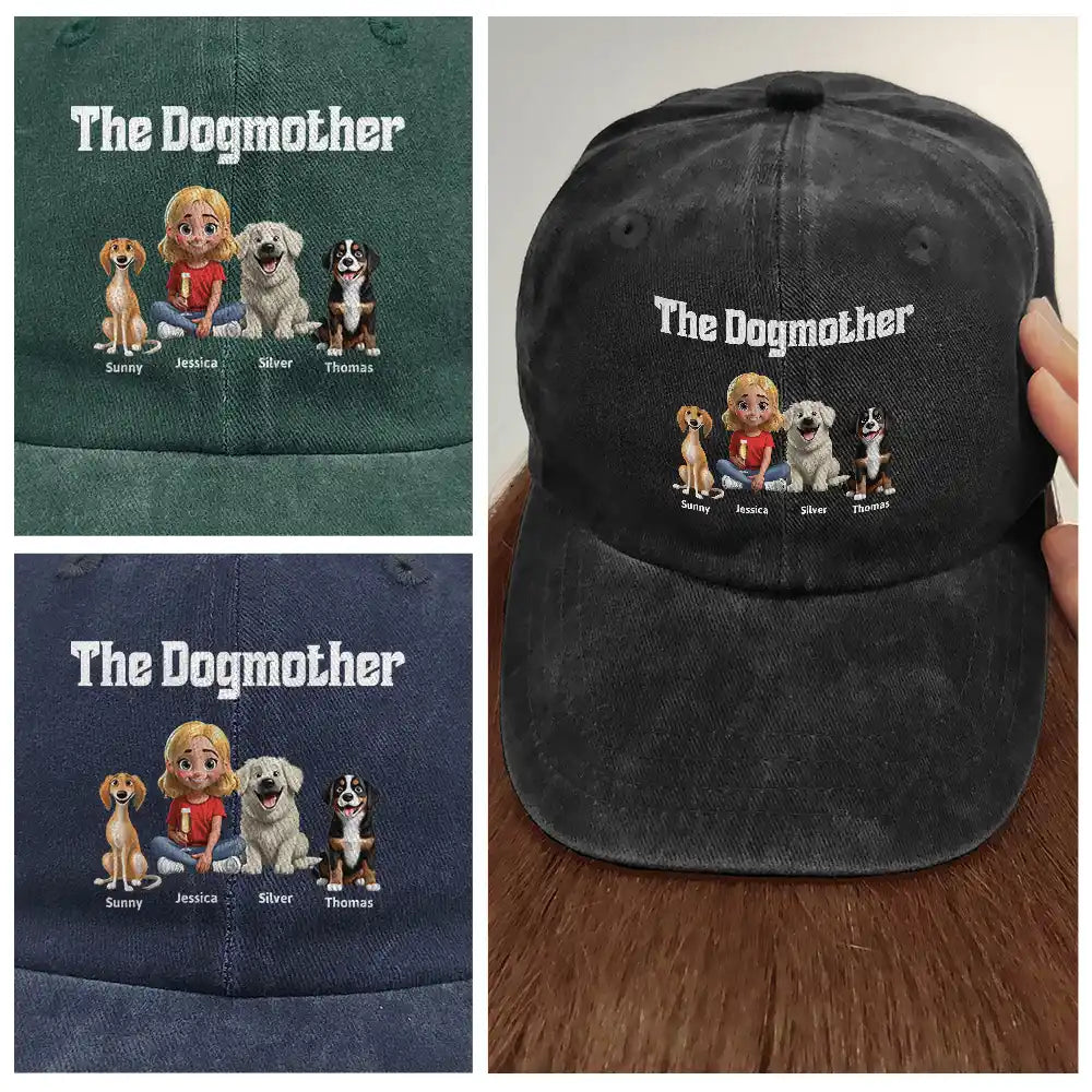 Dog Lovers, Dog Mom, Dog Dad, Summer, Pet Lovers, Pet Mom, Pet Dad, Happy - The Dogfather Dogmother - Personalized Vintage Washed Denim Cap