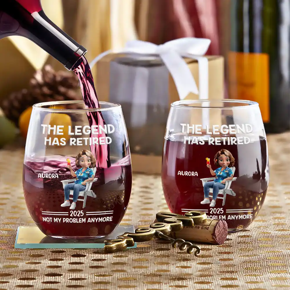 Retirement, Gift For Wife, Gift For Husband, Gift For Yourself, Gift For Women, Gift For Men, Gift For Grandpa, Gift For Father, Gift For Mother, Gift For Grandma, Funny - The Legend Has Retired Not My Problem Anymore Cartoon - Personalized Stemless Wine Glass