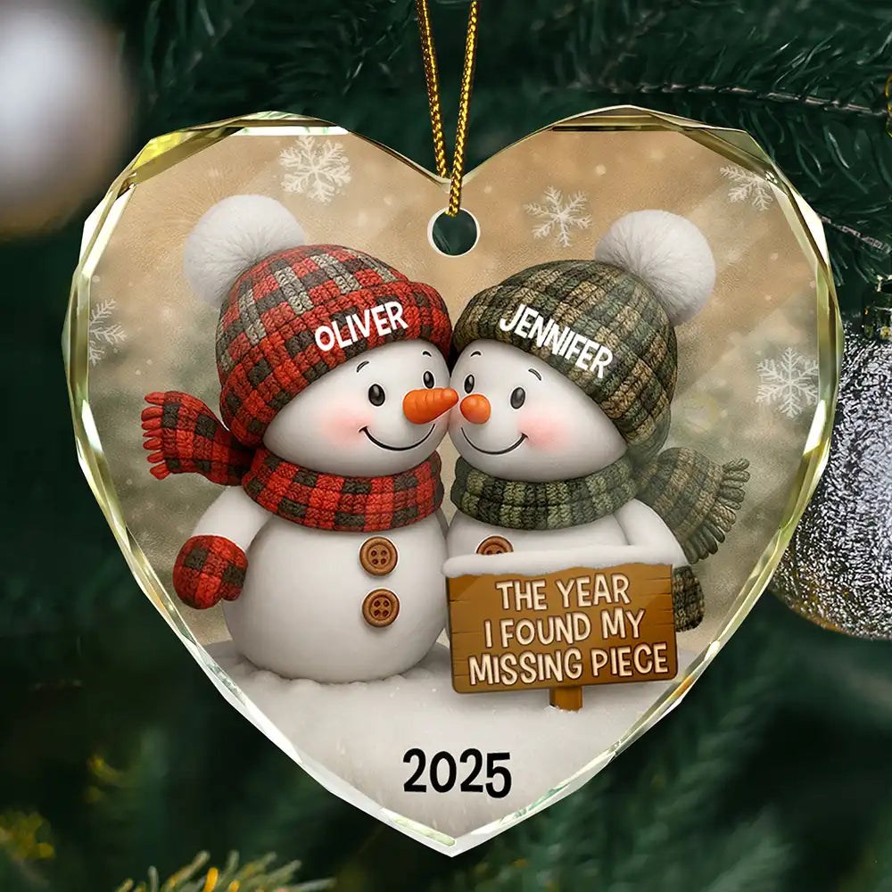 The Year I Found My Missing Piece Snowman - Personalized Heart Shaped Glass Ornament