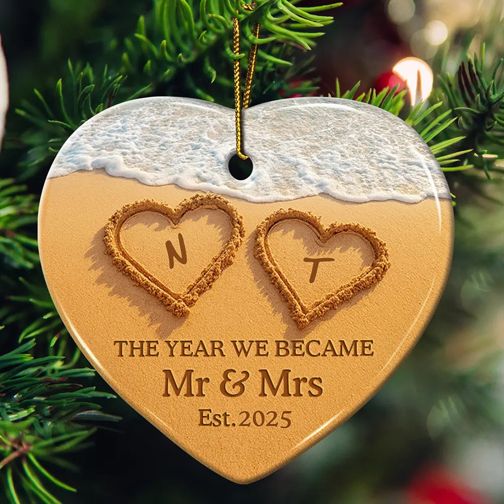 Gift For Couples,Gift For Husband,Gift For Wife,Gift For Boyfriend,Gift For Girlfriend,Anniversary,Wedding Anniversary,Love - The Year We Became Mr & Mrs Initial Letter - Personalized Heart Ceramic Ornament