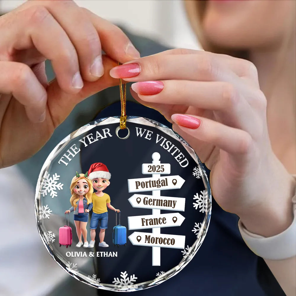 Travel,Christmas,Gift For Couples,Happy - The Year We Visted Travel Ornament - Personalized Circle Glass Ornament