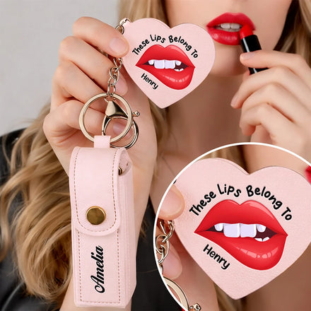 These Lips Belong To - Personalized Leather Lipstick Case Keychain With Mirror