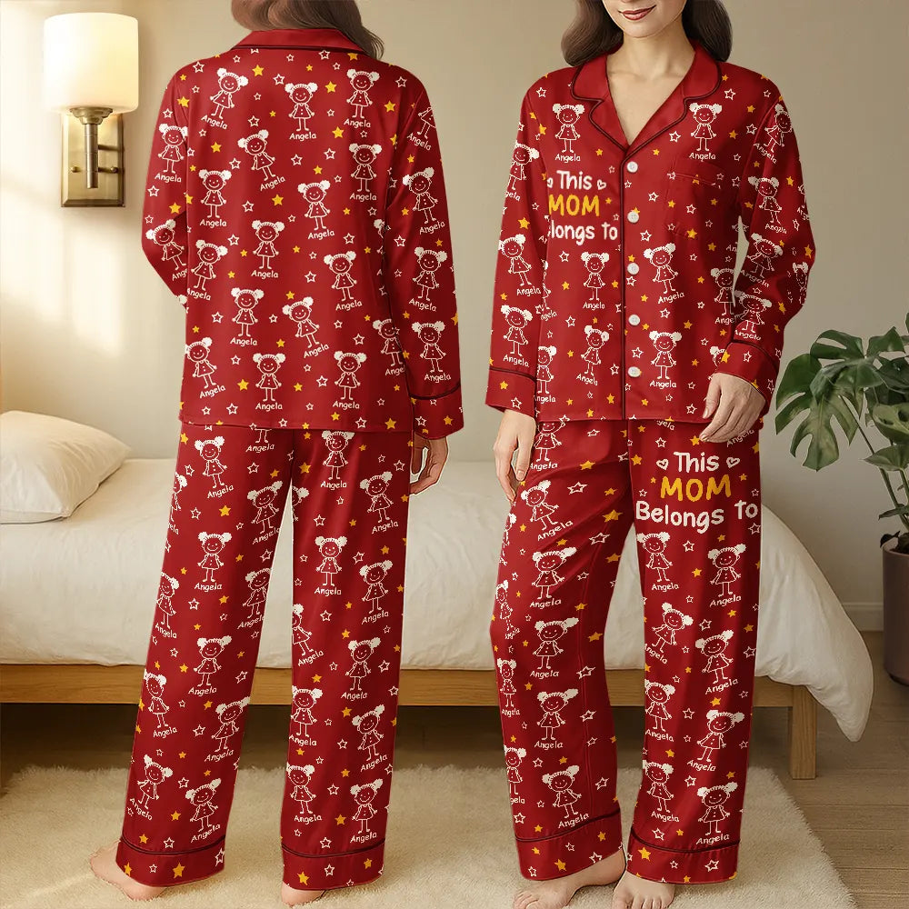 Gift For Grandparents,Gift For Grandpa,Gift For Grandma,Gift For Mother,Gift For Father,Happy,Christmas,Stick Figure - This Grandma Mom Belongs To Kids Pet - Personalized Satin Pajama Set