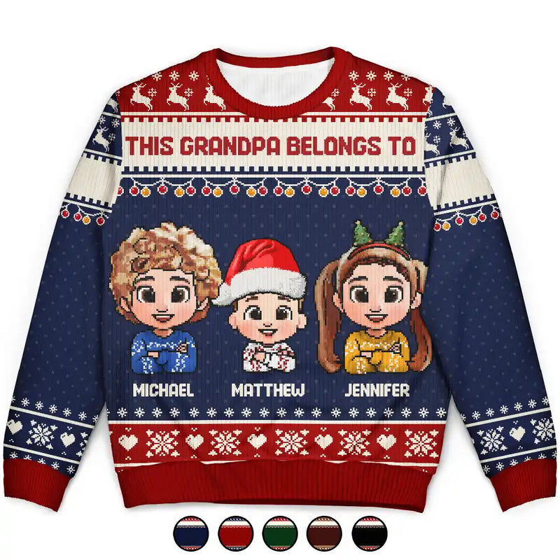 Gift For Grandpa,Funny,Christmas - This Grandpa Belongs To Grandkids Pixel Art - Personalized Unisex Ugly Sweater