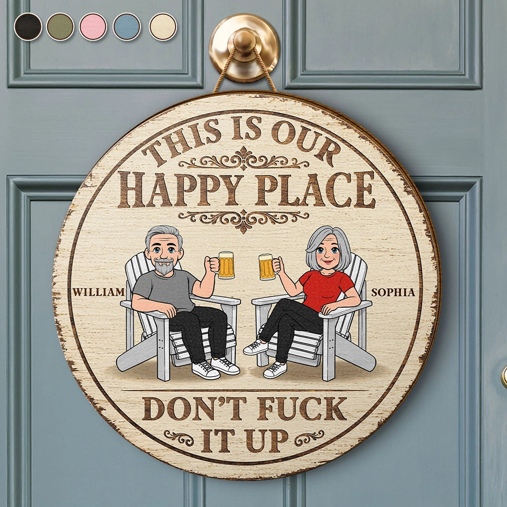 Humorous,Gift For Couples,Vector - This Is Our Happy Place Retro Cartoon Couple - Personalized Custom Shaped Wood Sign