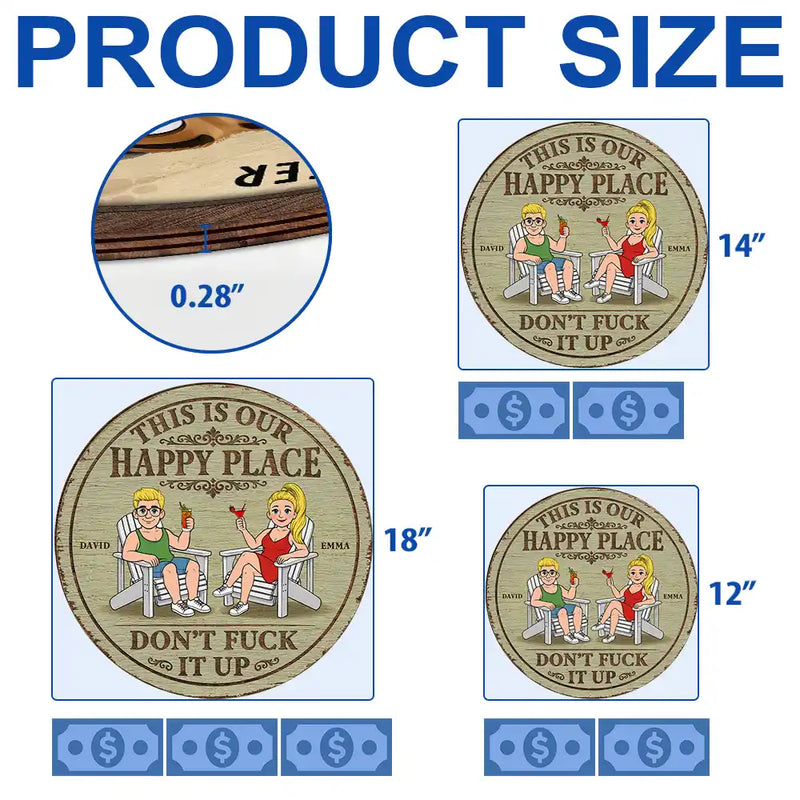 Humorous,Gift For Couples,Vector - This Is Our Happy Place Retro Cartoon Couple - Personalized Custom Shaped Wood Sign