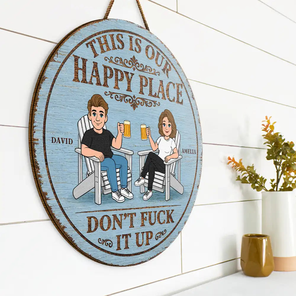 Humorous,Gift For Couples,Vector - This Is Our Happy Place Retro Cartoon Couple - Personalized Custom Shaped Wood Sign
