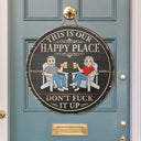 Humorous,Gift For Couples,Vector - This Is Our Happy Place Retro Cartoon Couple - Personalized Custom Shaped Wood Sign