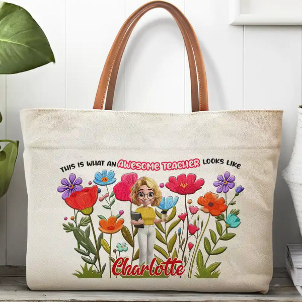 Teacher,Back To School - This Is What An Awesome Teacher Looks Like - Personalized Leather Handle Tote Bag