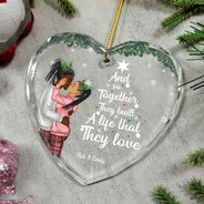 Christmas, Happy, Love, Gift For Couples - Together They Built A Life They Loved - Personalized Heart Shaped Glass Ornament