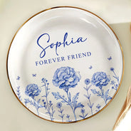 Gift For Bestie - Toile Birth Flower Forever Friend - Personalized Round Ring Dish