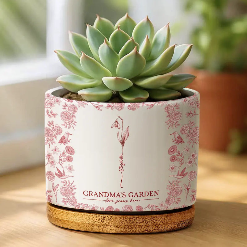 Gift For Grandma, Gift For Mother, Happy - Toile De Jouy Birth Flower Grandma's Garden - Personalized Ceramic Plant Pot