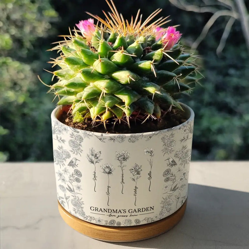Gift For Grandma, Gift For Mother, Happy - Toile De Jouy Birth Flower Grandma's Garden - Personalized Ceramic Plant Pot