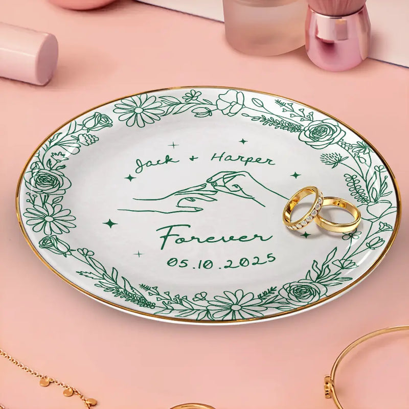 Gift For Couples,Gift For Husband,Gift For Wife,Gift For Boyfriend,Gift For Girlfriend,Married ,Engaged,Wedding,Wedding Anniversary,Anniversary,Love - Toile De Jouy Engaged Married Couple Hands - Personalized Round Ring Dish
