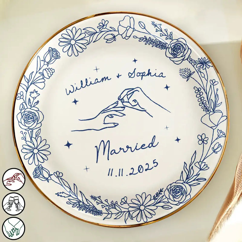 Gift For Couples,Gift For Husband,Gift For Wife,Gift For Boyfriend,Gift For Girlfriend,Married ,Engaged,Wedding,Wedding Anniversary,Anniversary,Love - Toile De Jouy Engaged Married Couple Hands - Personalized Round Ring Dish