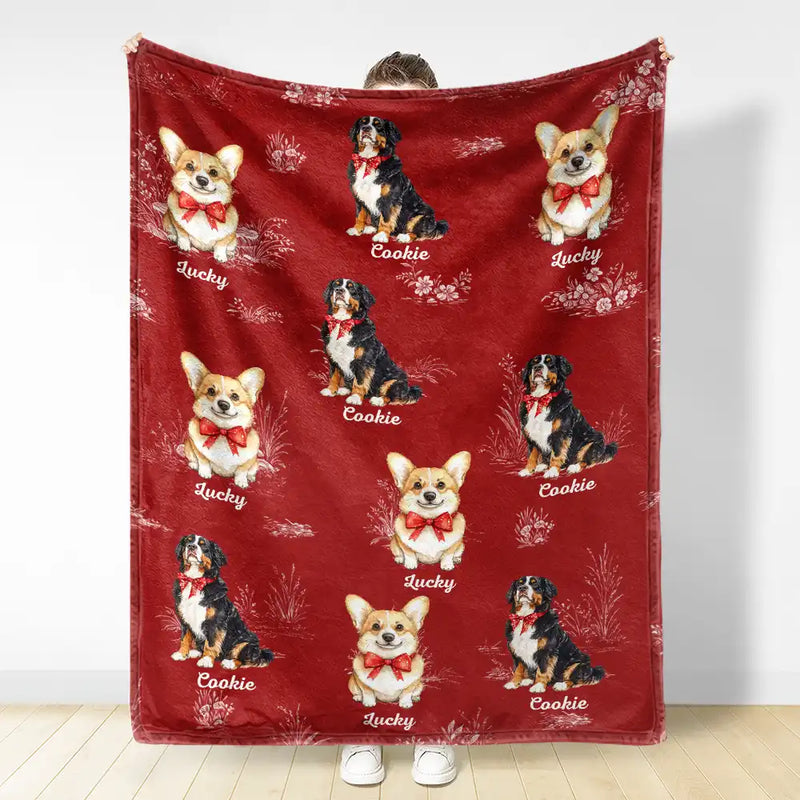 Dog Lovers,Dog Mom,Dog Dad,Pet Lovers,Pet Mom,Pet Dad,Love - Toile De Jouy Red Bow Dog - Personalized Fleece Blanket, Sherpa Blanket