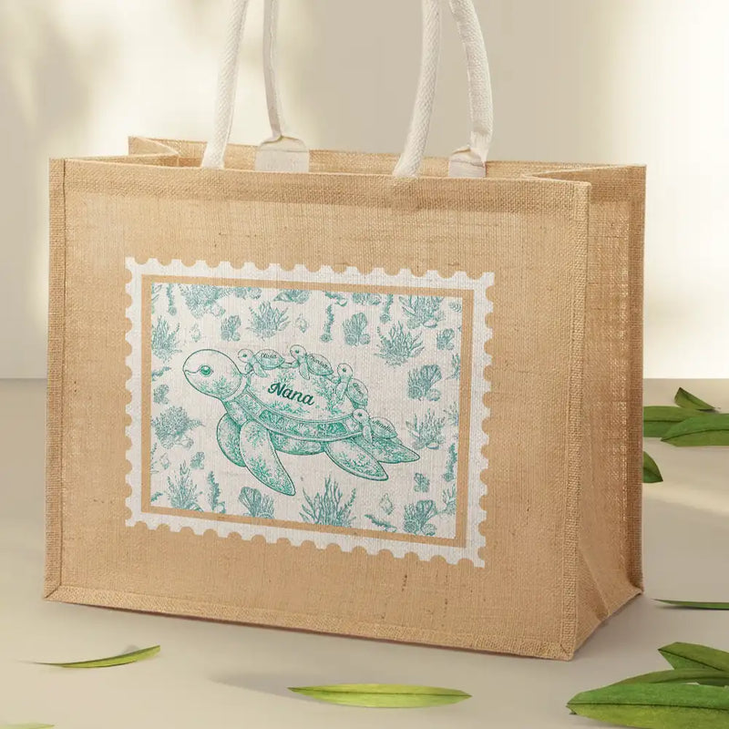 Gift For Grandma, Summer, Adorable, Icon - Toile De Jouy Sea Turtle - Personalized Jute Beach Bag