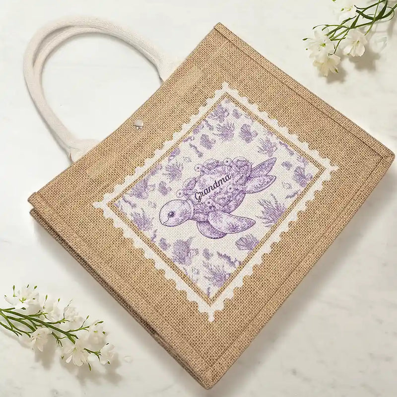 Gift For Grandma, Summer, Adorable, Icon - Toile De Jouy Sea Turtle - Personalized Jute Beach Bag