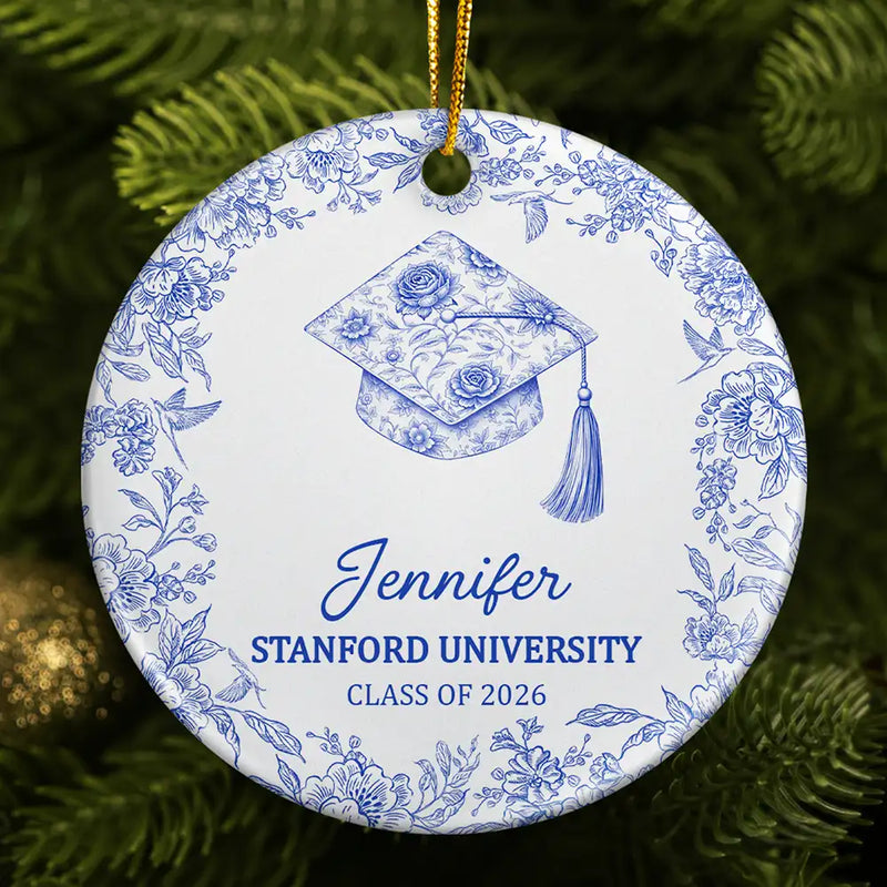 Gift For Children,Christmas,Proud,Graduation,Gift For Daughter,Custom Text - Toile Graduation Cap Congrats For Daughters Besties - Personalized Circle Ceramic Ornament