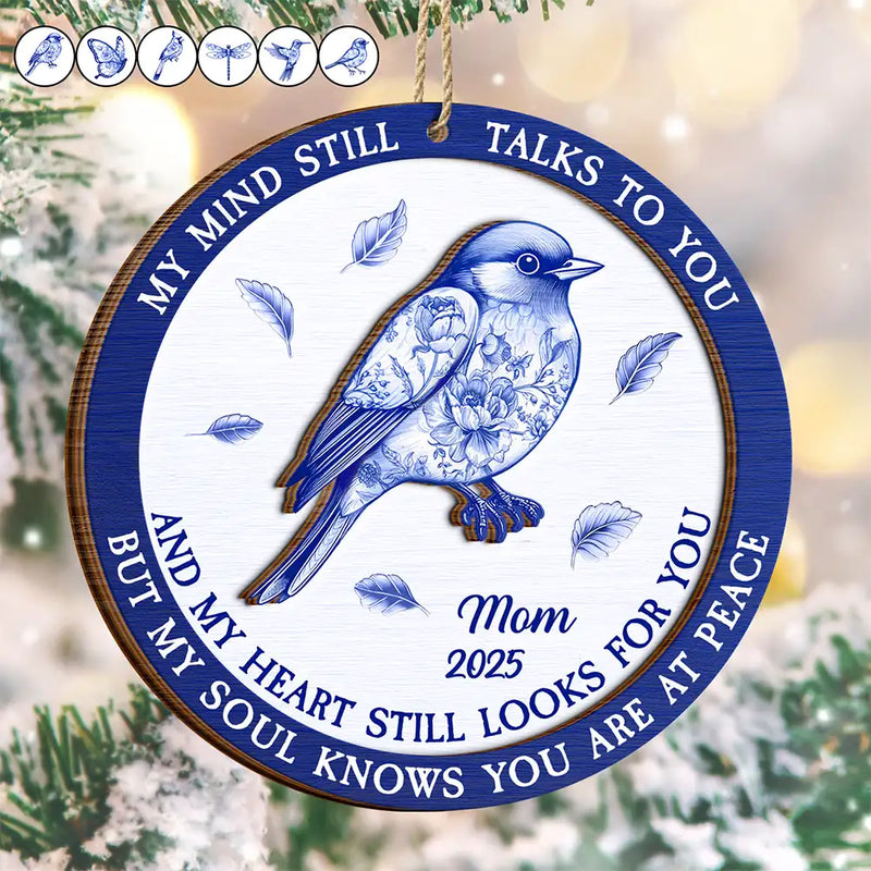 Family,Parents,Gift For Grandparents,Christmas,Sad - Toile Memorial Bird My Mind Still Talks To You - Personalized 2-Layered Wooden Ornament