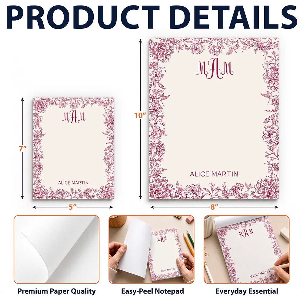 Cozy,Gift For Yourself,Gift For Women,Icon - Toile Monogrammed Letter & Name - Personalized Notepad