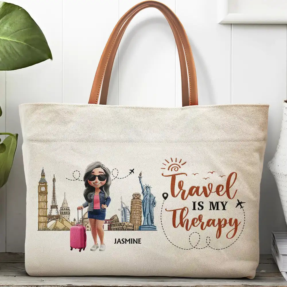 Travel Is My Therapy - Personalized Leather Handle Tote Bag