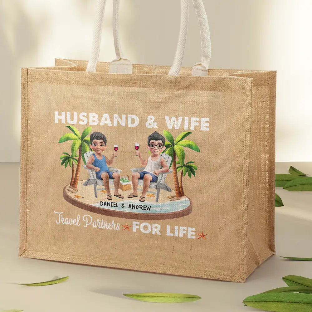 Gift For Couples,Gift For Husband,Gift For Wife,Gift For Boyfriend,Gift For Girlfriend,Happy - Travel Partners For Life - Personalized Jute Beach Bag