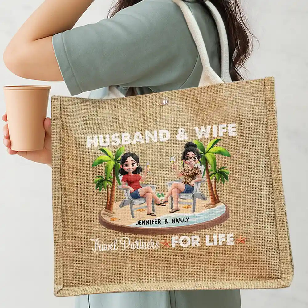 Gift For Couples,Gift For Husband,Gift For Wife,Gift For Boyfriend,Gift For Girlfriend,Happy - Travel Partners For Life - Personalized Jute Beach Bag