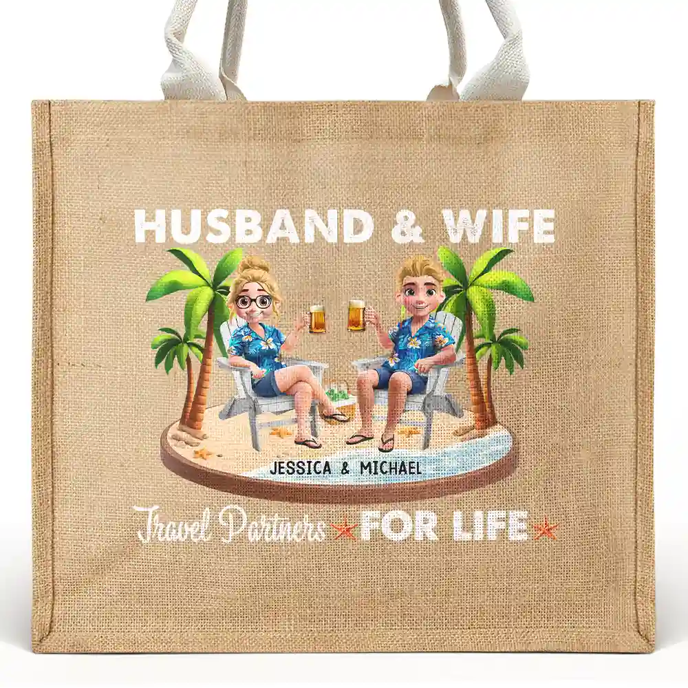 Gift For Couples,Gift For Husband,Gift For Wife,Gift For Boyfriend,Gift For Girlfriend,Happy - Travel Partners For Life - Personalized Jute Beach Bag