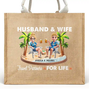 Gift For Couples,Gift For Husband,Gift For Wife,Gift For Boyfriend,Gift For Girlfriend,Happy - Travel Partners For Life - Personalized Jute Beach Bag