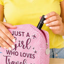 Gift For Yourself, Gift For Women, Summer, Travel, Humorous, Vector - Travelling And She Lived Happily Ever After - Personalized Striped Cosmetic Bag