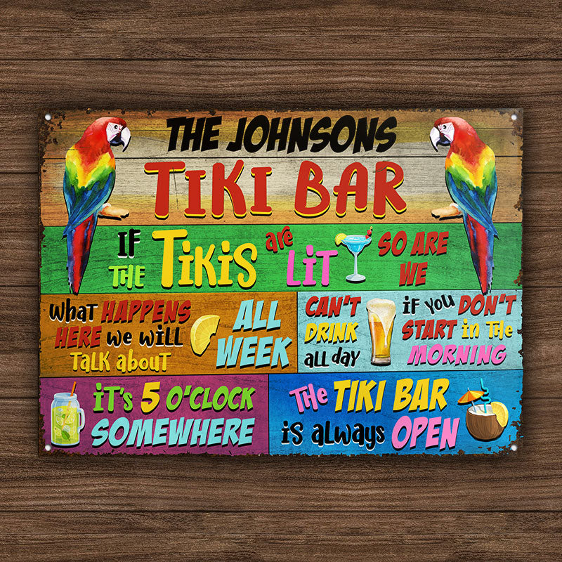 Tropical Parrot Tiki Bar Is Always Open Horizontal Custom Classic Metal Signs