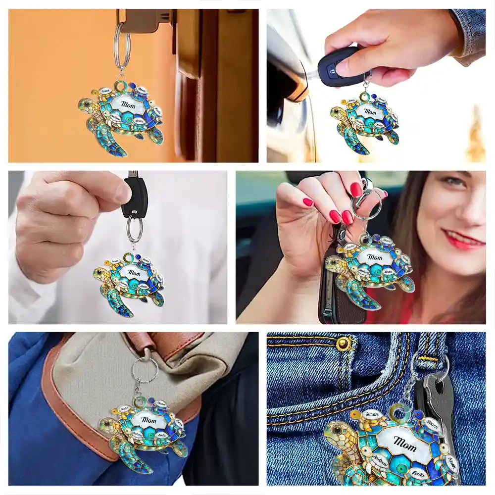 Gift For Grandma,Grandma - Grandkids,Gift For Mother,Beach,Happy - Turtle Stained Glass Mom Grandma - Personalized Acrylic Keychain