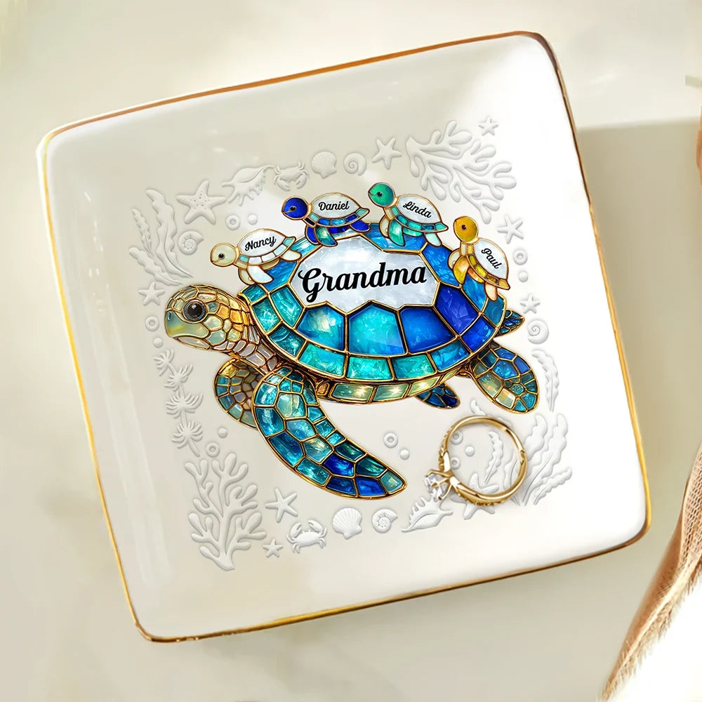 Gift For Grandma, Grandma - Grandkids, Beach, Happy - Turtle Stained Glass Mom Grandma - Personalized Ring Dish