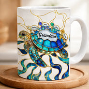 Gift For Grandma,Grandma - Grandkids,Beach,Happy - Turtle Stained Glass Mom Grandma - Personalized White Edge-to-Edge Mug